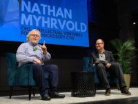 Nathan Myhrvold and Todd Bishop on stage at Town Hall Seattle