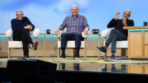 Bill Gates, Steve Ballmer, and Satya Nadella at Microsoft's 50th anniversary event in Redmond on Friday. (GeekWire Photo / Kevin Lisota)