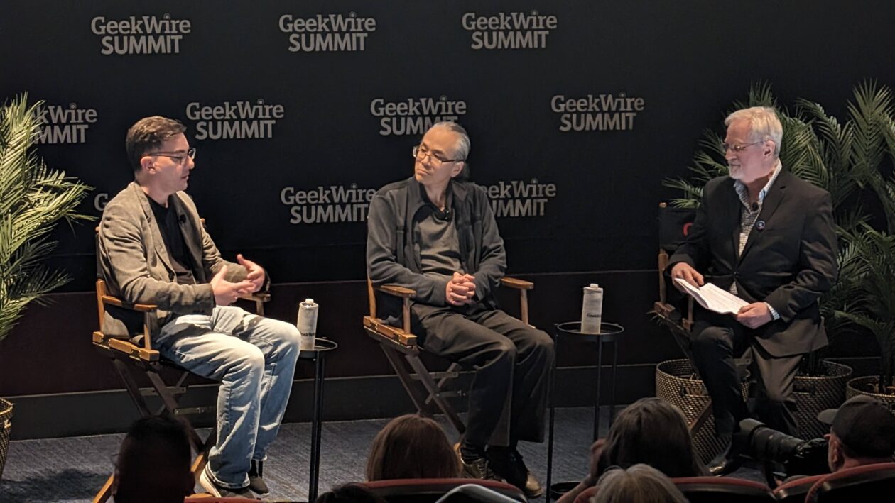Heisserer, Chiang and Boyle on stage during GeekWire Summit on AI at SIFF Cinema