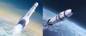 Blue Origin's New Glenn rocket and Stoke Space's Nova rocket. (Blue Origin / Stoke Space Illustrations)