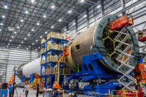Workers mate sections of New Glenn's first stage