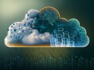 Illustration: Stylized cloud with molecular models and test tubes