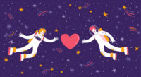 Illustration: Male and female astronauts floating toward a Valentine's Day heart in space