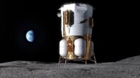 Illustration: Blue Moon MK1 lunar lander on moon with Earth in background