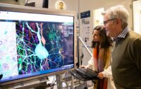 Leila Elabbady and Clay Reid looking at computer screen with brain maps displayed