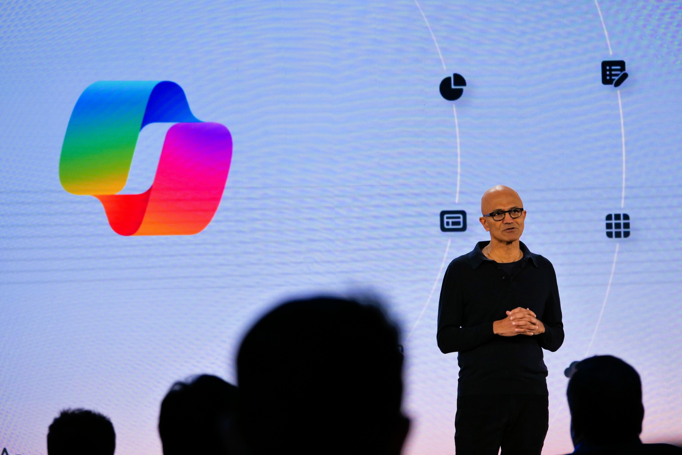 Satya Nadella, Microsoft CEO, addresses a crowd in Redmond.
